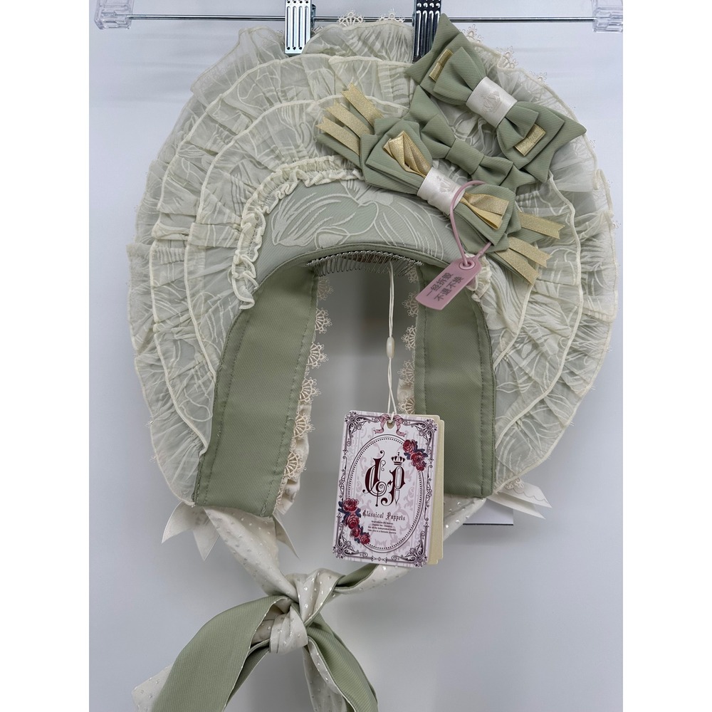 Classical Puppets Sage Green Ruffled Lolita Bonnet Headpiece with Bows & Lace